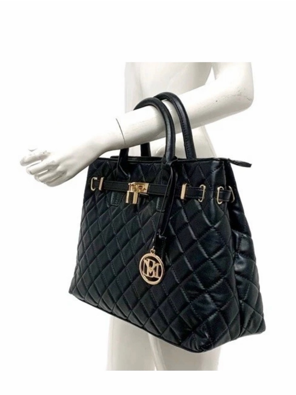 NWT Badgley Mischka a lack Quilted Tote with Gold Tone Hardware and Lock & Key - Picture 4 of 13